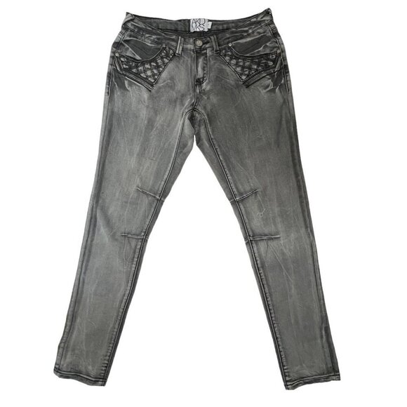 AKADEMIKS Black Wash Distressed Skinny Jeans Size 7 Low-Rise Embroidered Hip-Hop - Picture 12 of 16